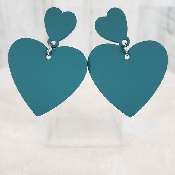 Teal Heart Drop Earrings - Picture 1 of 2